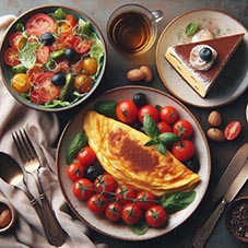 un plato con ensalada de tomates, otro plato con tortilla española de patatas y otro plato con tiramisú